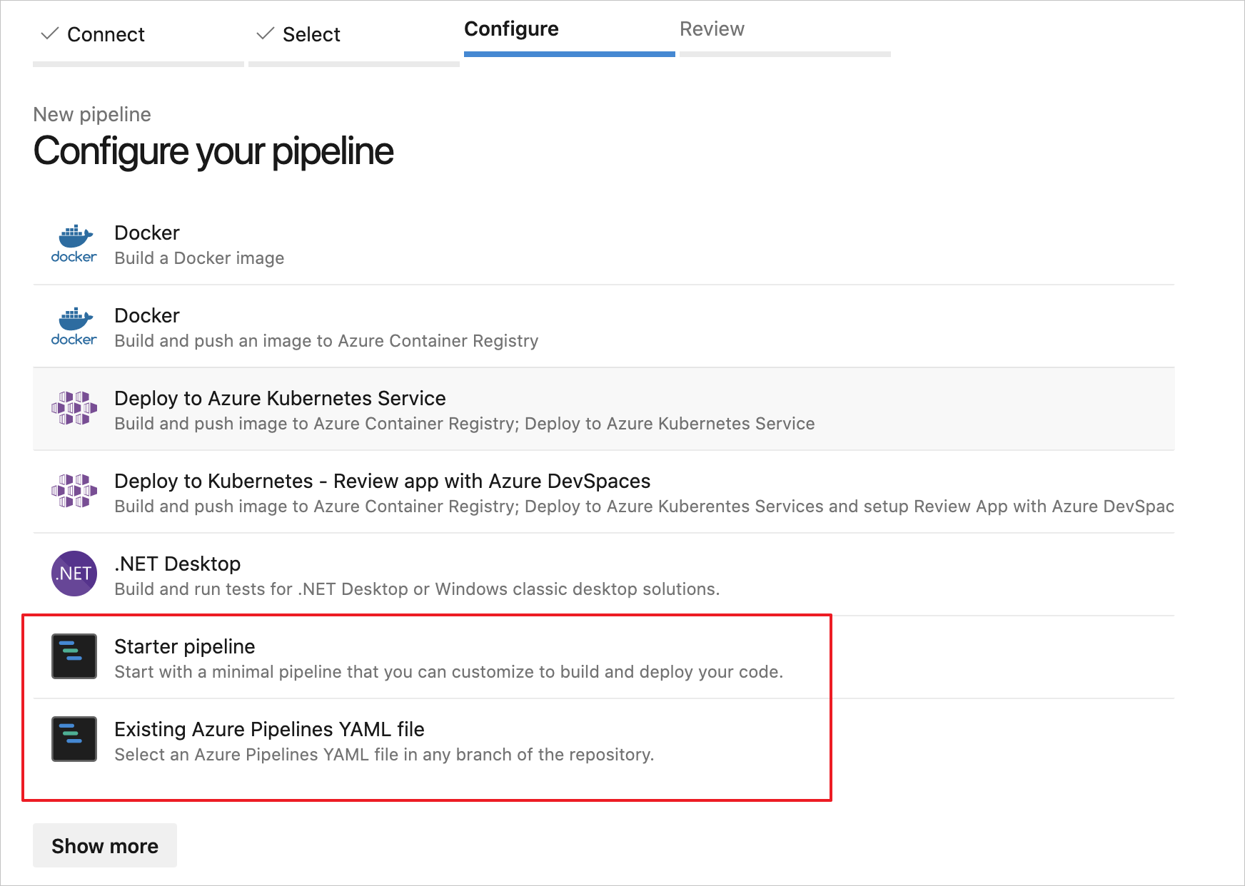 Wybierz pozycję Potok startowy lub Istniejący plik YAML usługi Azure Pipelines, aby rozpocząć potok kompilacji