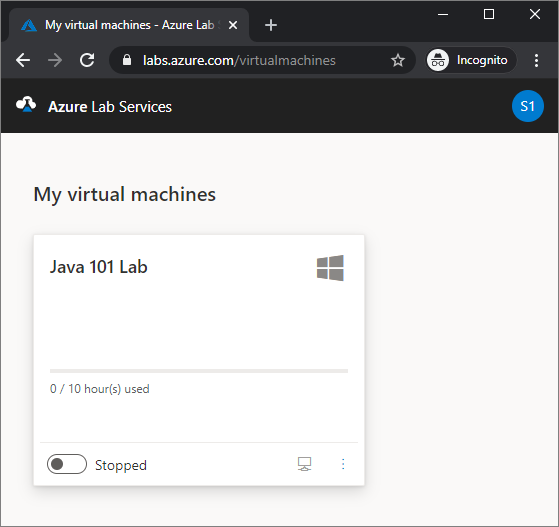 Zrzut ekranu przedstawiający stronę Moje maszyny wirtualne w portalu usługi Azure Lab Services.