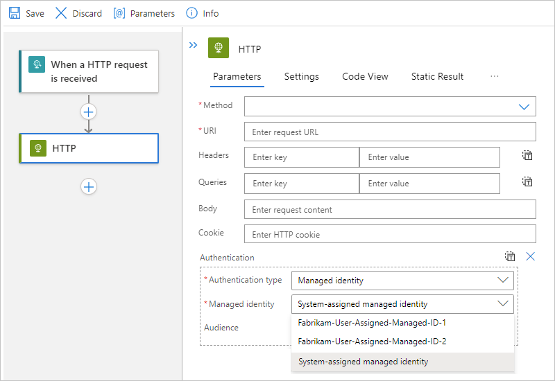 Screenshot showing example built-in action with managed identity selected to use - Standard.