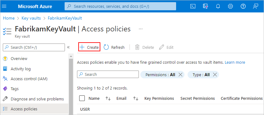 Screenshot showing the Azure portal and key vault example with 