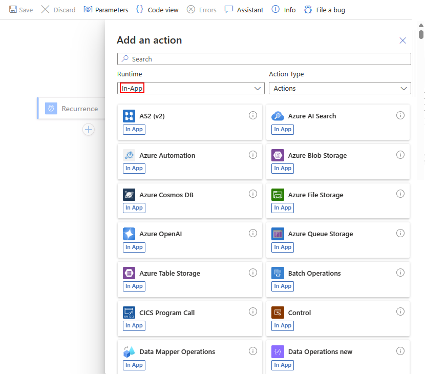 Zrzut ekranu przedstawiający Azure Portal, projektanta standardowego przepływu pracy aplikacji logiki z wyzwalaczem i In-App łączników z galerią akcji.