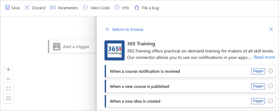 Zrzut ekranu przedstawiający Azure Portal, projektant standardowej aplikacji logiki z pustym stanowym przepływem pracy z łącznikiem trenowania 365 i wyzwalaczami.