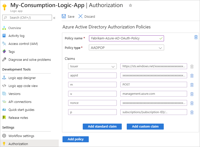 Zrzut ekranu przedstawiający witrynę Azure Portal, stronę autoryzacji aplikacji logiki zużycie oraz informacje dotyczące zasad weryfikacji posiadania.