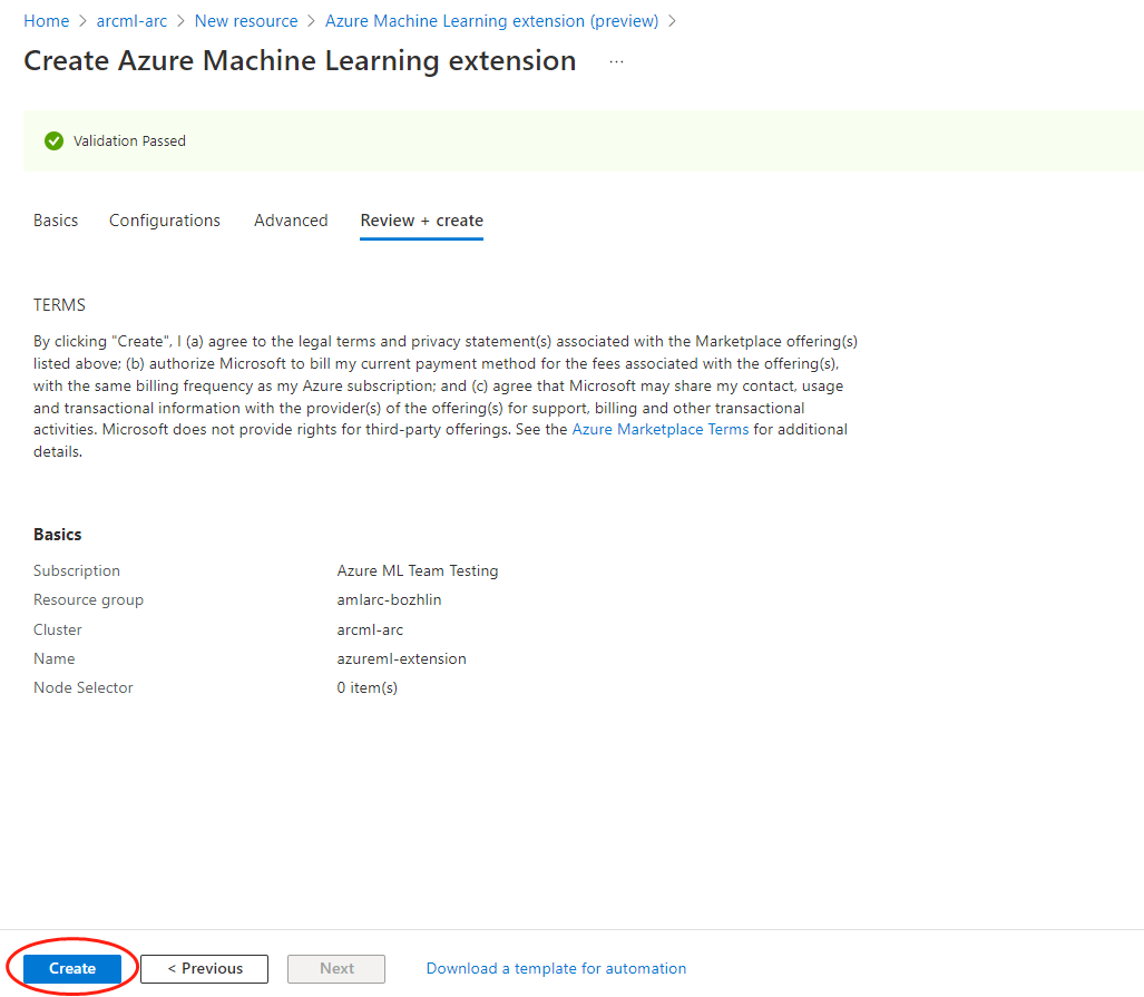 Zrzut ekranu przedstawiający wdrażanie nowego rozszerzenia w klastrze Kubernetes z obsługą usługi Arc z witryny Azure Portal.