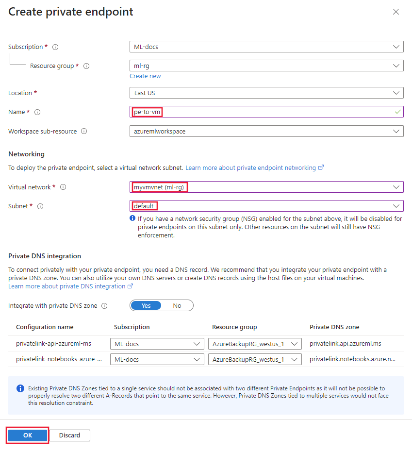 Zrzut ekranu przedstawiający formularz tworzenia prywatnego punktu końcowego.