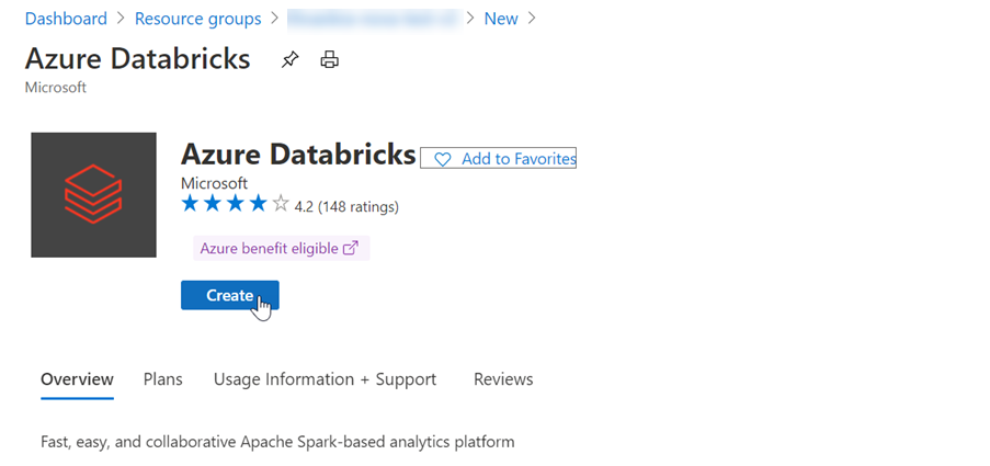 Zrzut ekranu przedstawia ofertę usługi Azure Databricks z wybranym przyciskiem Utwórz.