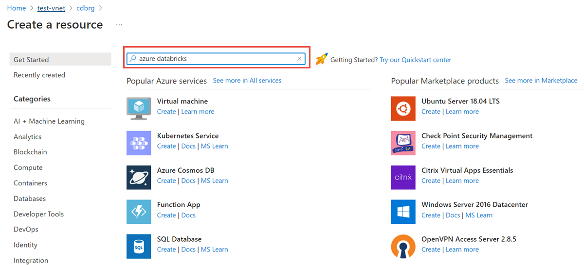 Zrzut ekranu przedstawia wyszukiwanie usługi Azure Databricks.