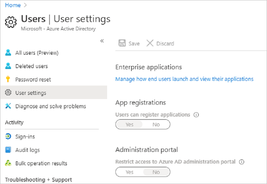 Verify in User Settings that users can register Active Directory apps