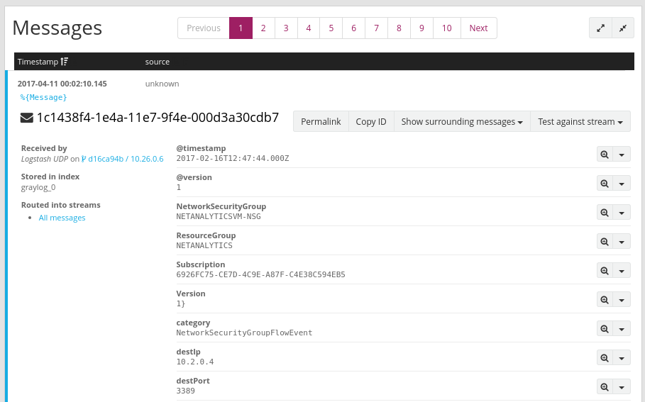Zrzut ekranu przedstawiający szczegóły komunikatu z serwera Graylog.