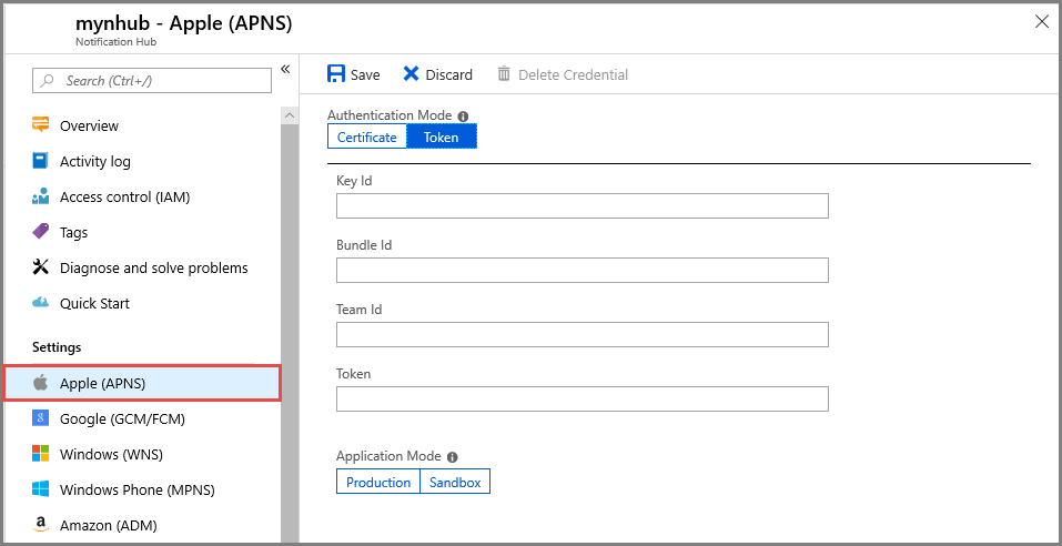 Zrzut ekranu przedstawiający konfigurację tokenu usługi APNS w Azure Portal