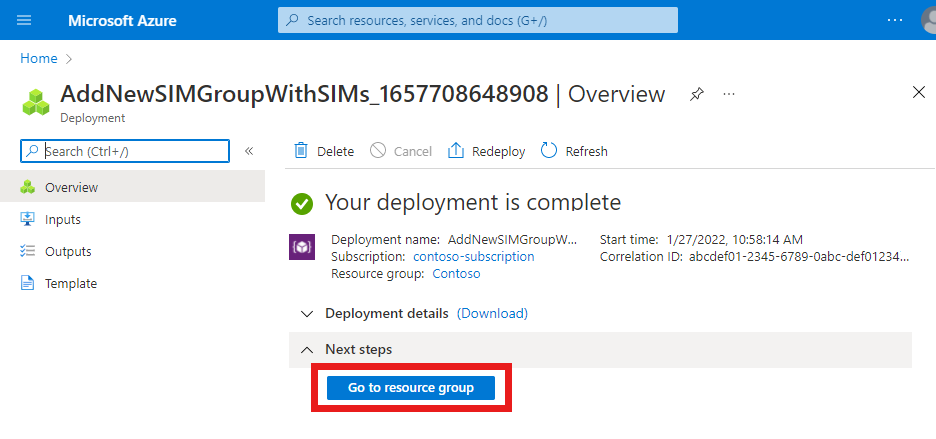 Zrzut ekranu witryny Azure Portal. Przedstawia ukończone wdrożenie zasobów SIM za pośrednictwem pliku J S O N i przycisk Przejdź do grupy zasobów.