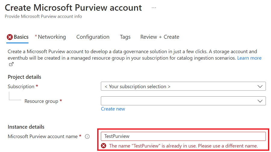 Screenshot showing the Create Azure Purview account screen with an account name that is already in use, and the error message highlighted.