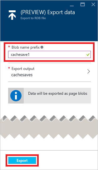 Zrzut ekranu przedstawiający prefiks nazwy obiektu blob i przycisk Eksportuj.
