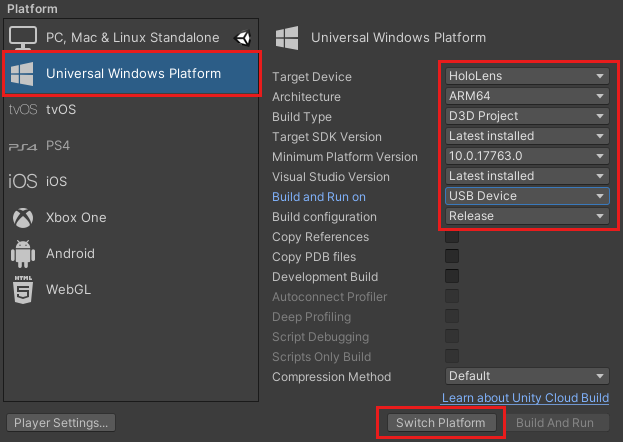 Screenshot of the Unity Build Settings dialog. The Universal Windows Platform entry is selected in the list on the left. Highlights on the right side are placed on the settings dropdown boxes and the Switch Platform button.