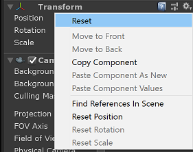 Screenshot of the Unity inspector for a Transform component. The context menu is opened and Reset is selected.
