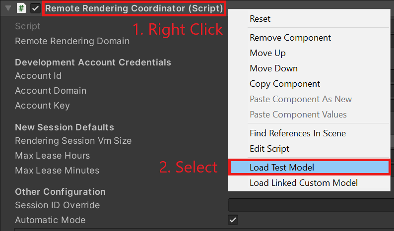 Screenshot of the Unity inspector of the Remote Rendering Coordinator Script. Highlights instruct to first right-click on the title bar and then select Load Test Model from the context menu.