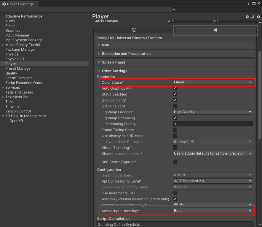 Screenshot of the Unity Project Settings dialog. The Player entry is selected in the list on the left. Highlights on the right side are placed on the tab with the Windows logo, the Color Space setting, and the Active input Handling setting.