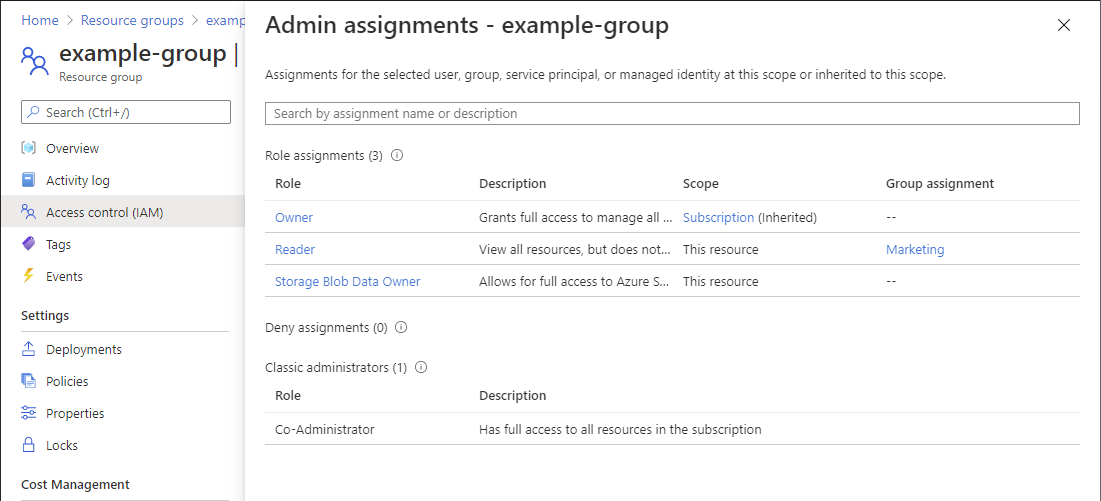 Role and deny assignments pane