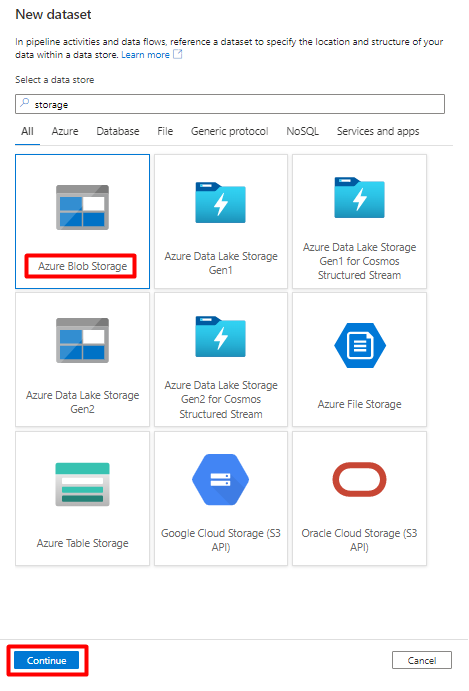 Screenshot showing how to choose a new blob storage data store in Azure Data Factory.