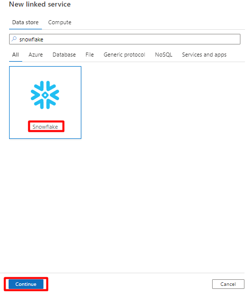 Screenshot showing how to choose Snowflake tile in new Linked Service data store.