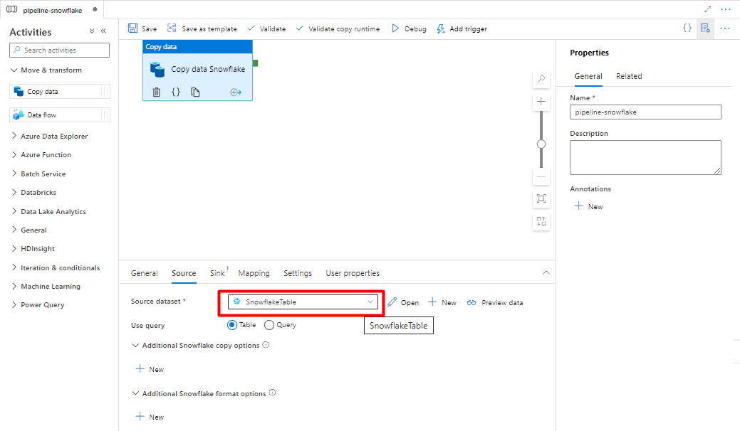 Screenshot showing how to configure the Source in a pipeline to import data from blob storage to Azure Cognitive Search index for staging phase.