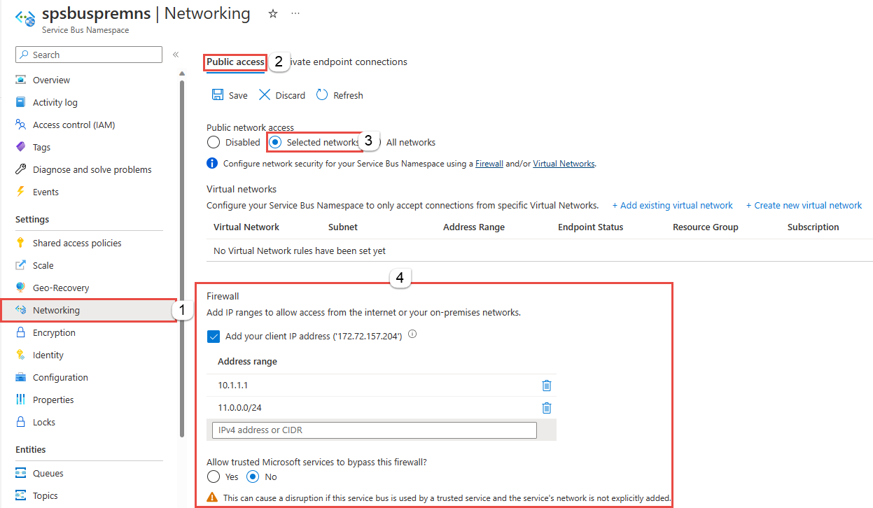 Screenshot of the Azure portal Networking page. The option to allow access from Selected networks is selected and the Firewall section is highlighted.