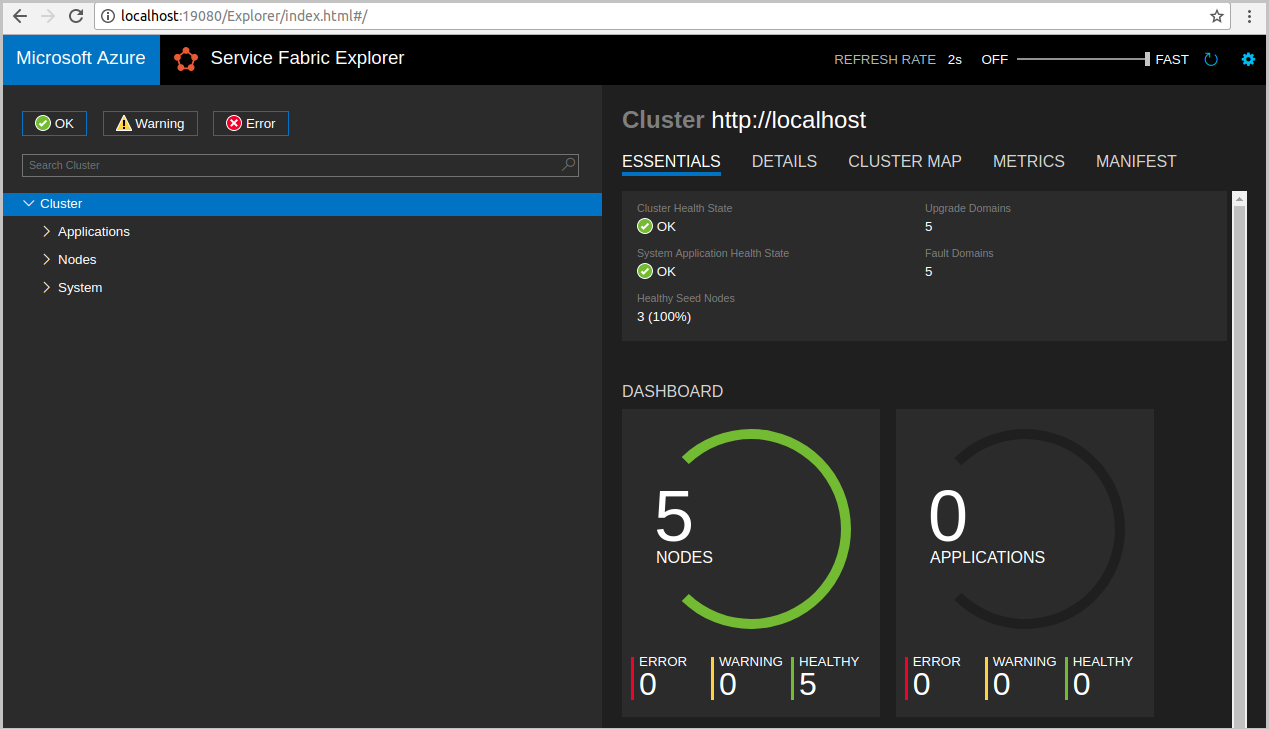 Usługa Azure Service Fabric Explorer pokazuje węzły w dobrej kondycji