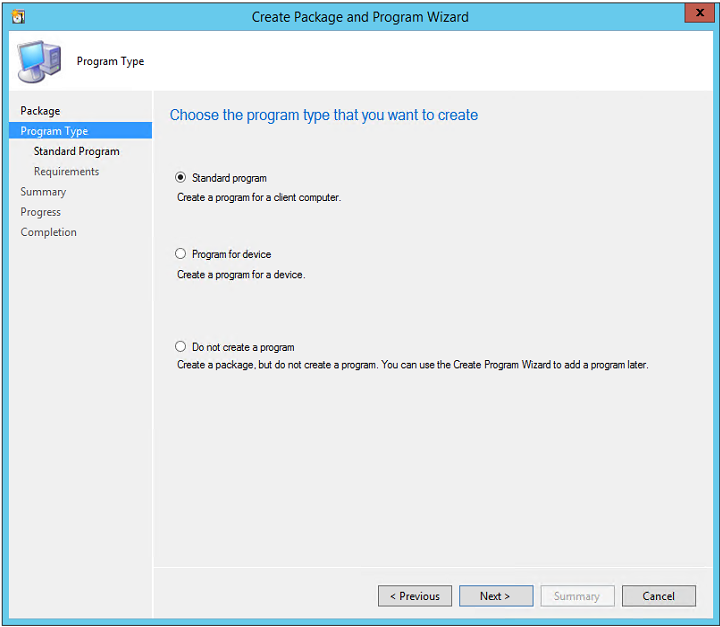 Zrzut ekranu przedstawiający kreatora Tworzenia pakietu i programu z opcją Program standardowy.
