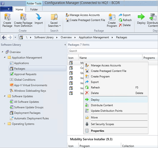 Zrzut ekranu przedstawiający konsolę programu Configuration Manager z opcją menu Wdróż.