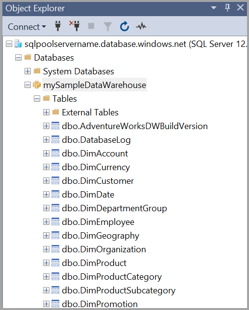 Zrzut ekranu przedstawiający SQL Server Management Studio (SSMS) przedstawiający obiekty bazy danych w Eksplorator obiektów.