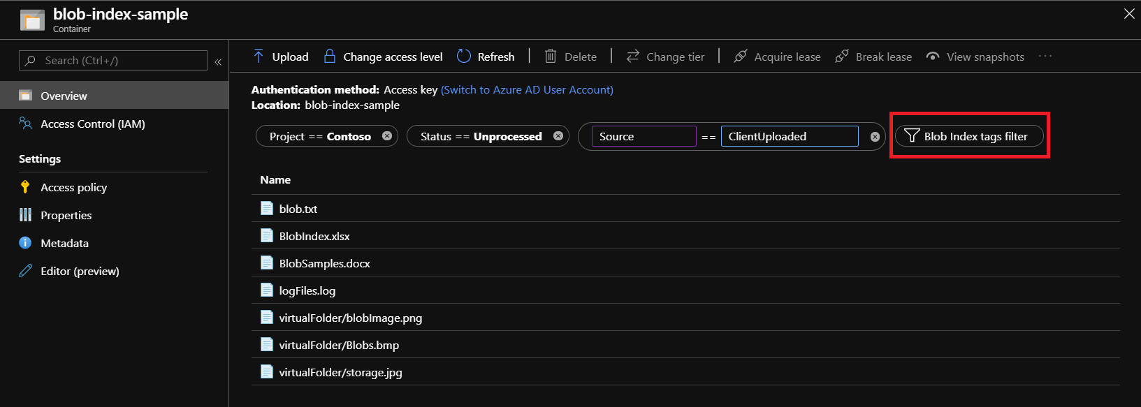 Zrzut ekranu przedstawiający Azure Portal sposób filtrowania i znajdowania oznakowanych obiektów blob przy użyciu tagów indeksu