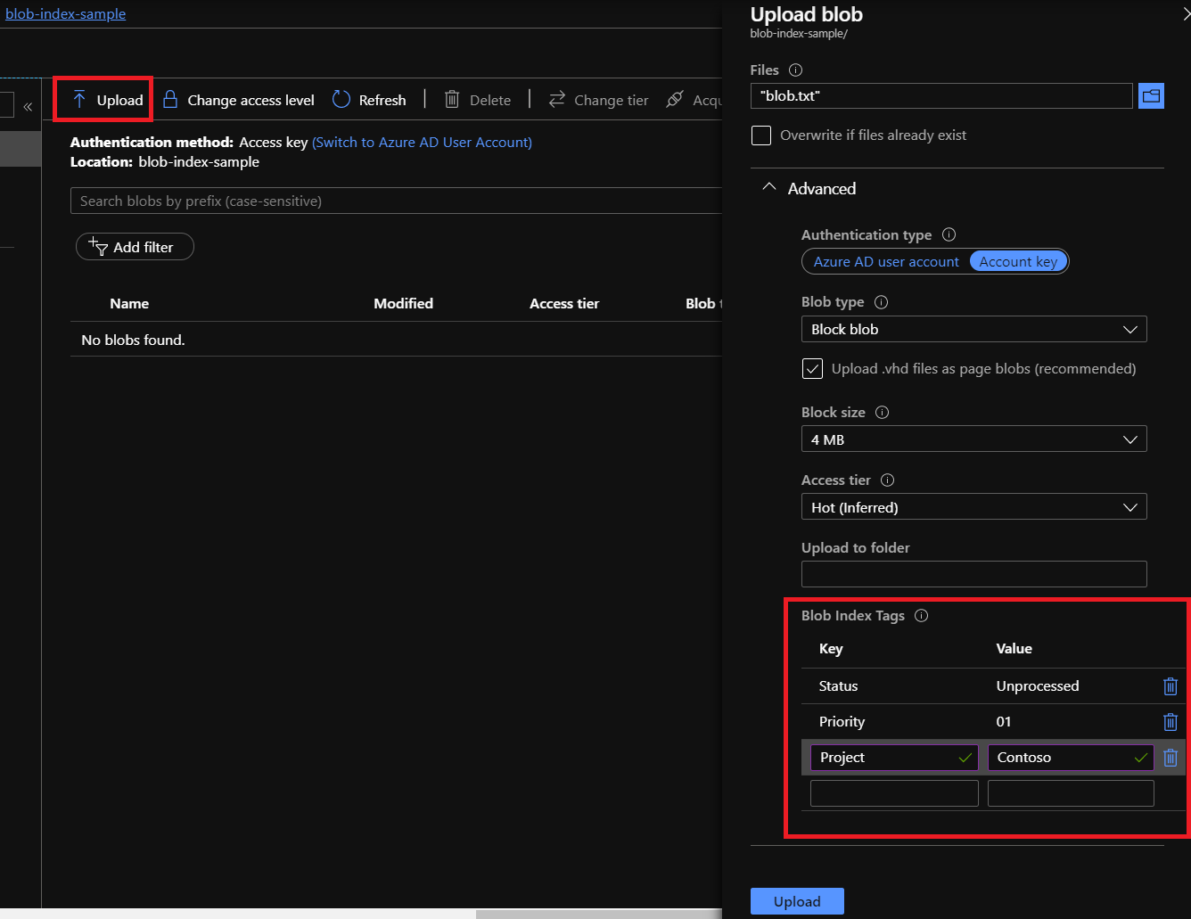 Zrzut ekranu przedstawiający Azure Portal sposób przekazywania obiektu blob za pomocą tagów indeksu.