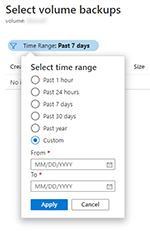 Zrzut ekranu przedstawiający wybór zakresu czasu bloku wyboru kopii zapasowej.