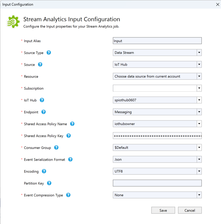 Zrzut ekranu przedstawiający stronę Konfiguracja danych wejściowych usługi Stream Analytics.