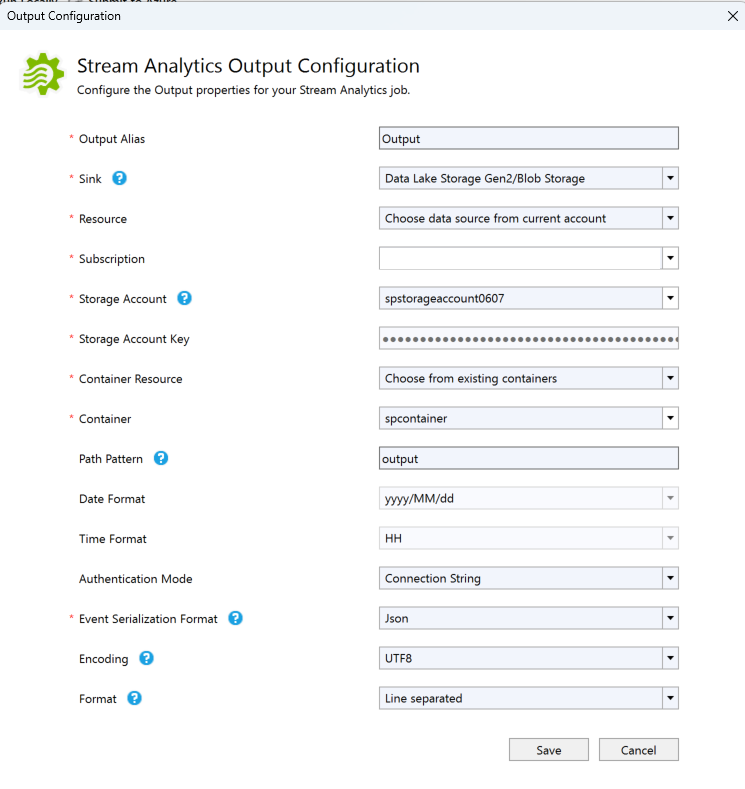 Zrzut ekranu przedstawiający stronę Konfiguracja danych wyjściowych usługi Stream Analytics.