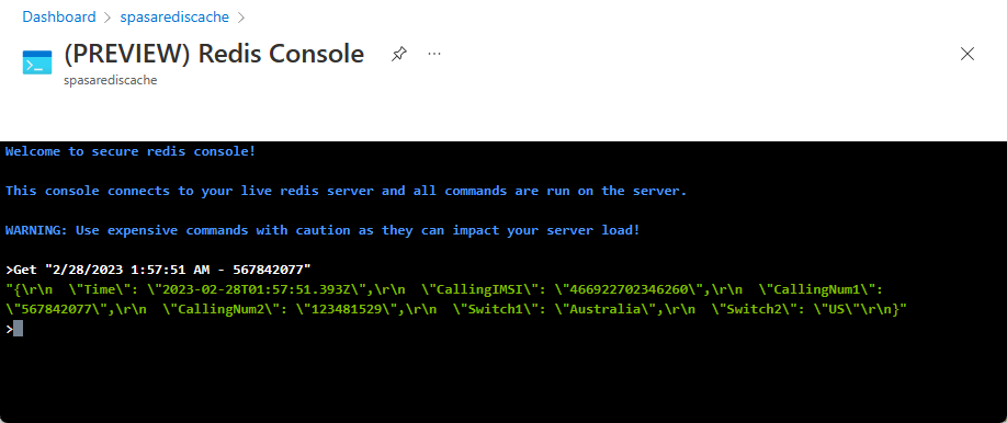 Zrzut ekranu przedstawiający konsolę usługi Redis Cache z danymi wyjściowymi polecenia Get.