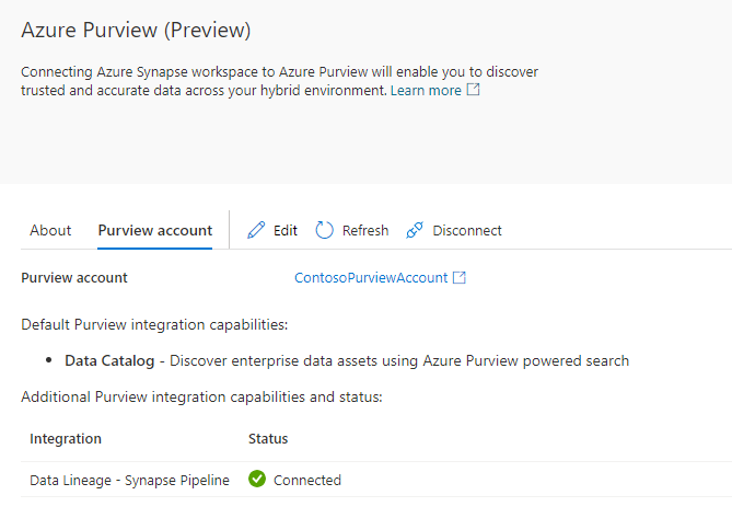 Zrzut ekranu przedstawiający monitorowanie stanu integracji między Azure Synapse i usługą Microsoft Purview.