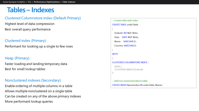 Zrzut ekranu przedstawiający typy indeksów, które Azure Synapse obsługuje.