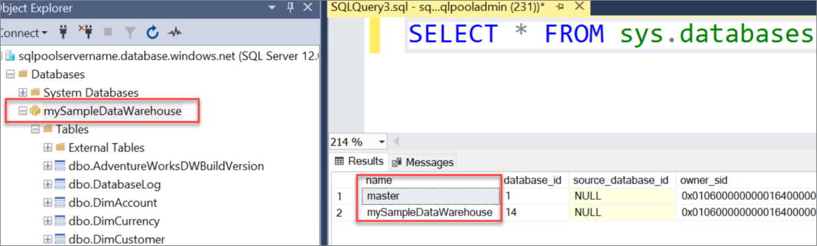 Zrzut ekranu przedstawiający SQL Server Management Studio (SSMS). Wykonywanie zapytań dotyczących baz danych w programie SSMS z wyświetlonym wzorcem i bazą danych mySampleDataWarehouse w zestawie wyników.