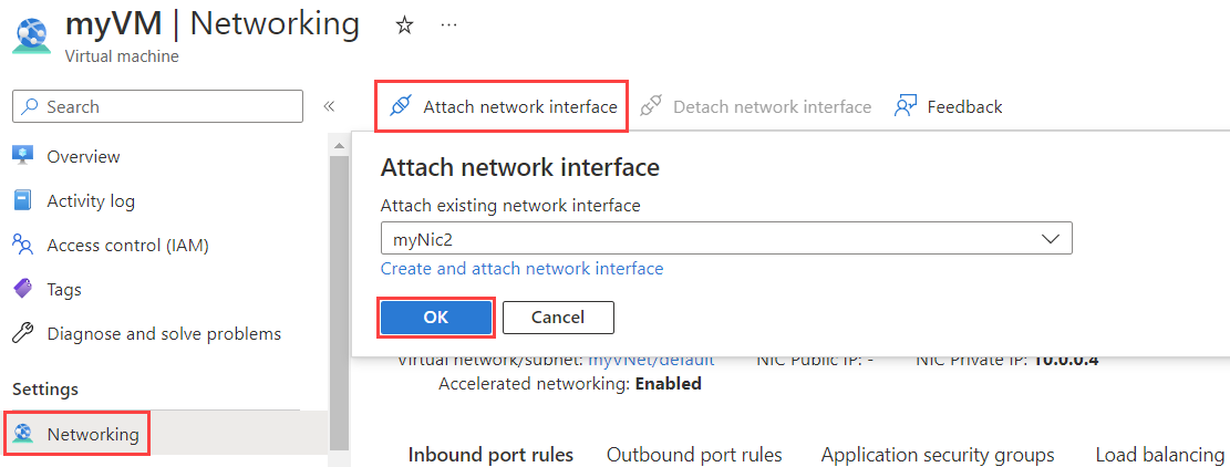 Zrzut ekranu przedstawiający dołączanie interfejsu sieciowego do maszyny wirtualnej w witrynie Azure Portal.