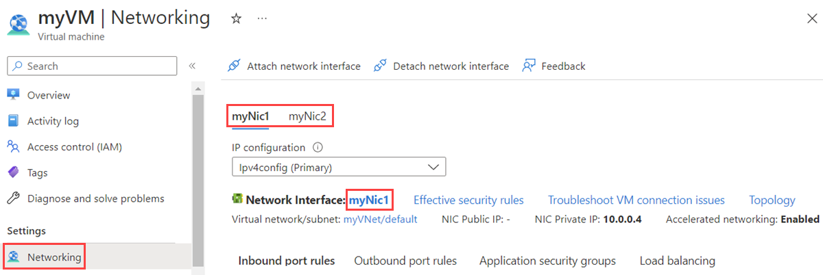 Zrzut ekranu przedstawiający interfejs sieciowy dołączony do maszyny wirtualnej w witrynie Azure Portal.