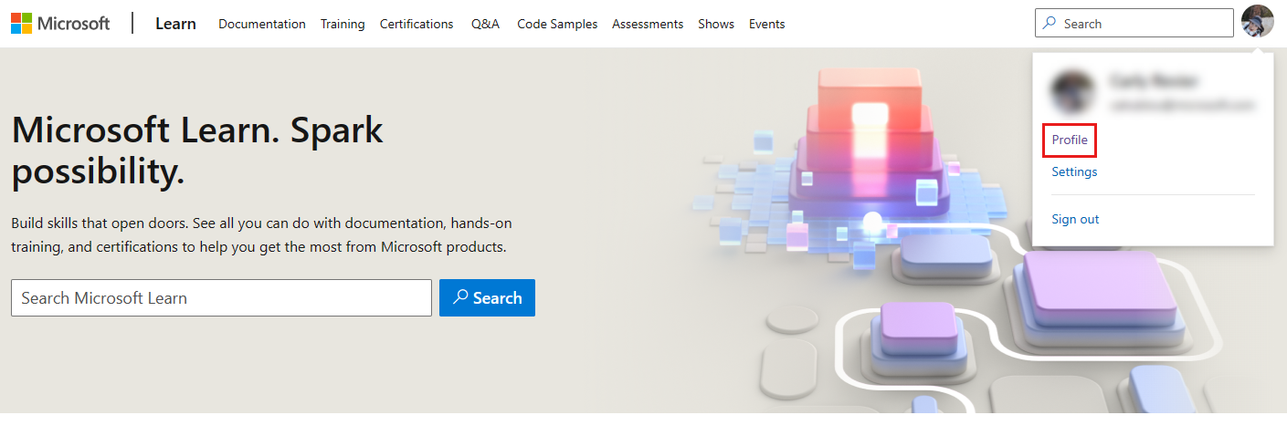 Zrzut ekranu przedstawiający stronę główną usługi Microsoft Learn z wyświetlonym menu rozwijanym profilu.