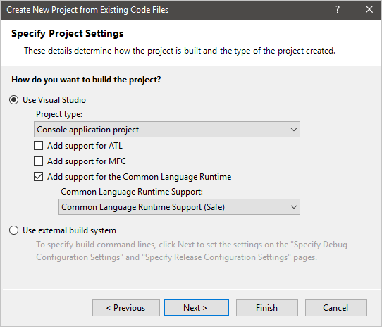 Create New Project from Existing Code dialog, showing Project build settings.