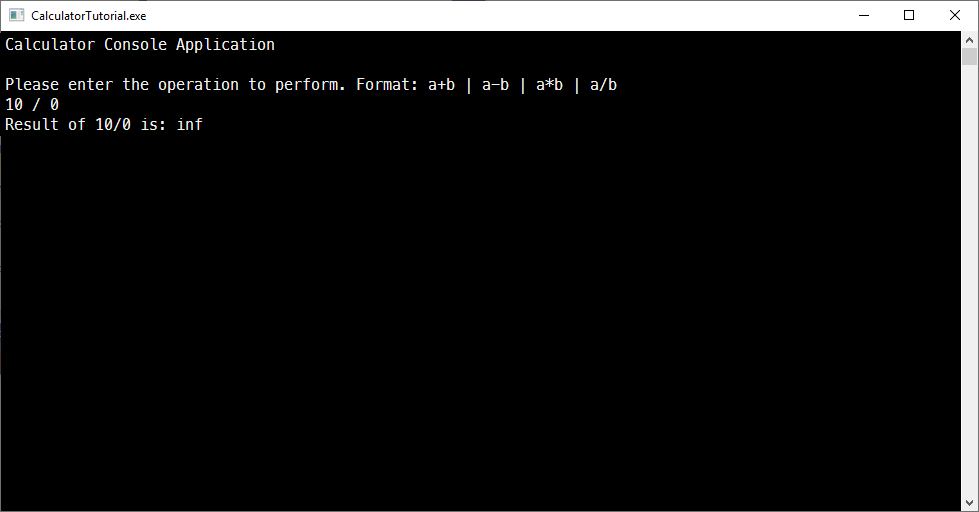 Zrzut ekranu przedstawiający konsolę debugowania programu Visual Studio z wynikiem operacji dzielenia według zera.