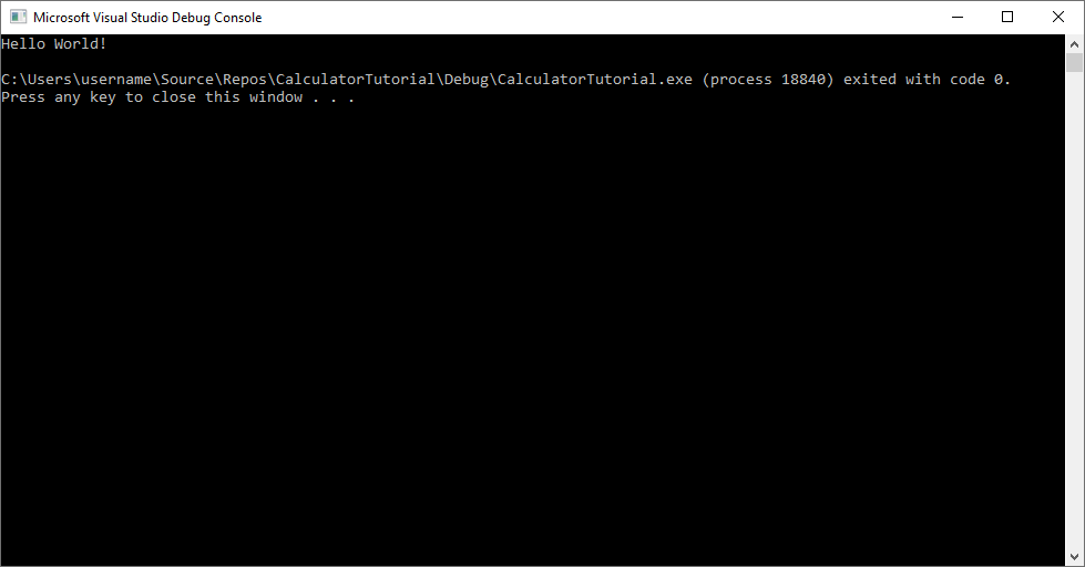 Zrzut ekranu przedstawiający konsolę debugowania programu Visual Studio z danymi wyjściowymi: Hello World!.