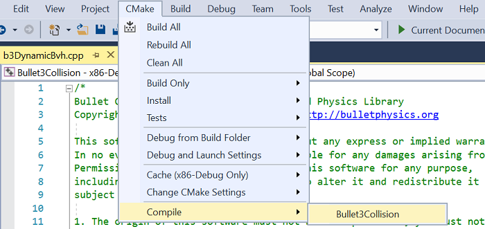Zrzut ekranu przedstawiający menu kontekstowe kompilowania narzędzia CMake > . Zawiera jeden wpis: Bullet3Collision.
