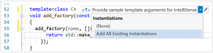 Screenshot of C plus plus Template IntelliSense Show Existing Instantiations.