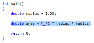 Zrzut ekranu przedstawiający następujący kod, który został wyróżniony prepartory do wyodrębnienia: podwójny obszar = M_PI * readious * radious;.