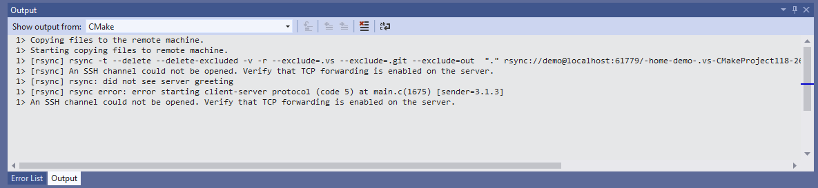 Zrzut ekranu przedstawiający okno danych wyjściowych programu Visual Studio z komunikatem o błędzie Rsync.