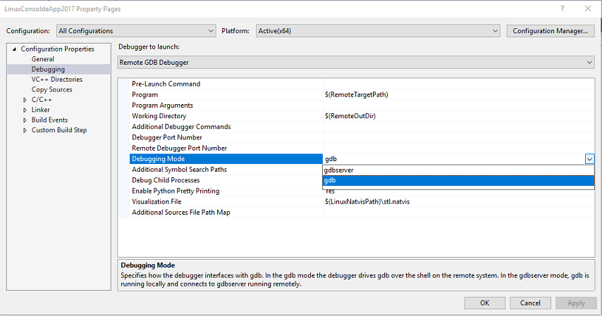 Zrzut ekranu przedstawiający okno dialogowe Strony właściwości aplikacji konsoli systemu Linux programu Visual Studio 2017 z wybraną pozycją Debugowanie właściwości > konfiguracji i tryb debugowania wyróżnionym wybraną pozycją G D B i wyróżnioną z listy rozwijanej.